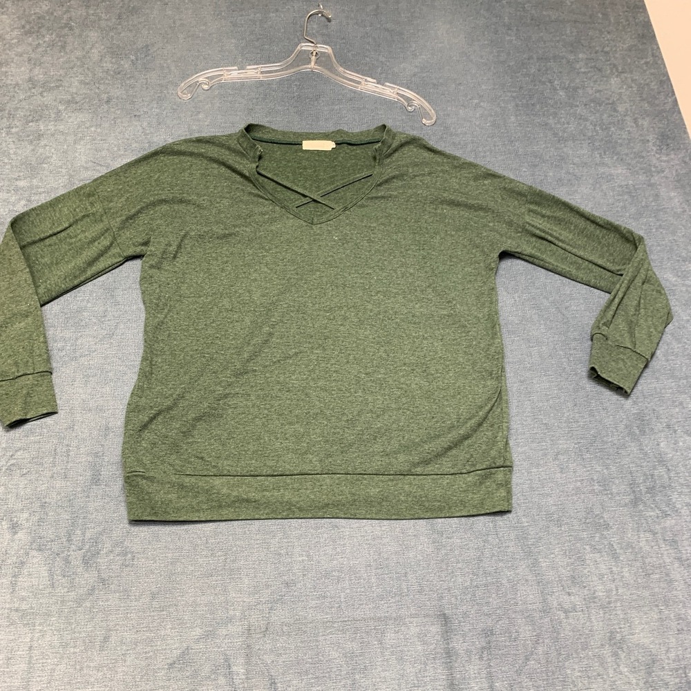 Spadehill Shirt Womens XL  Green Criss Cross V Neck Ribbed Hem Long Sleeve